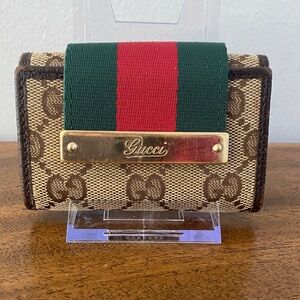 Gucci Ophidia 6 Key Case GG Supreme Canvas w/Sherry Line Stripe and Gold Accent